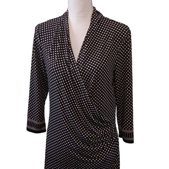 Max Studio Black & White Polka-Dot Surplice Ruched Waist Midi Dress Size L - Picture 2 of 16